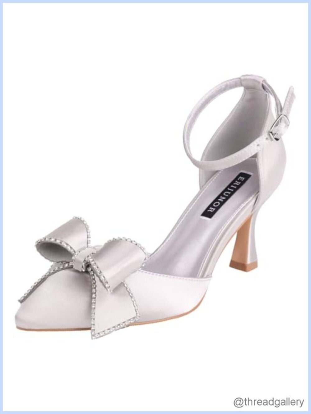 ERIJUNOR Satin Heels Pointed Toe Ankle Strap Mid Heel Wedding Pumps